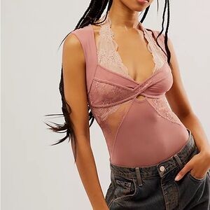 Intimately Free People Sheer Things Bodysuit in Smoke Rose Size L
